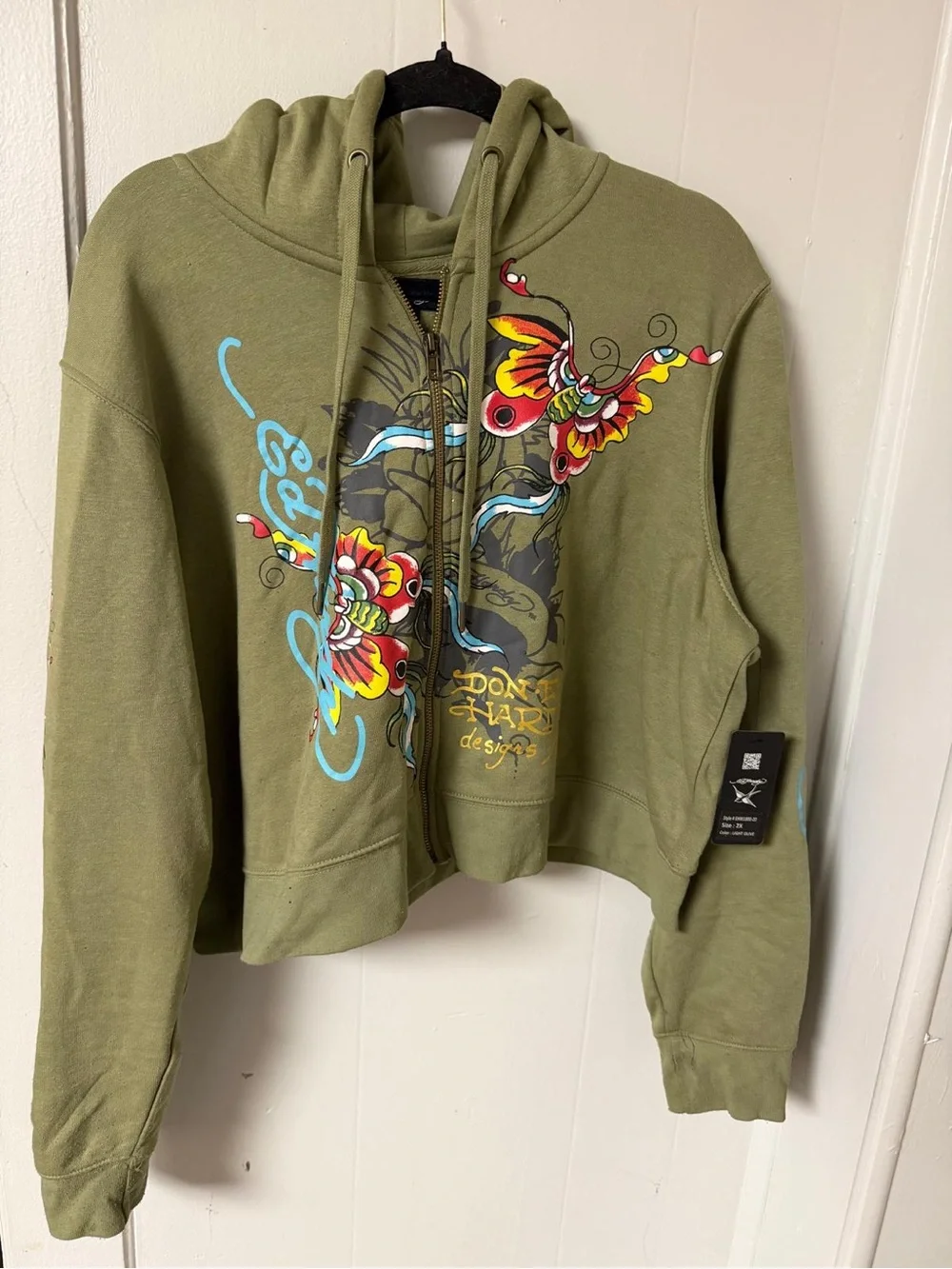 Ed Hardy Women’s Olive Green Graphic Zip Hoodie Sweater